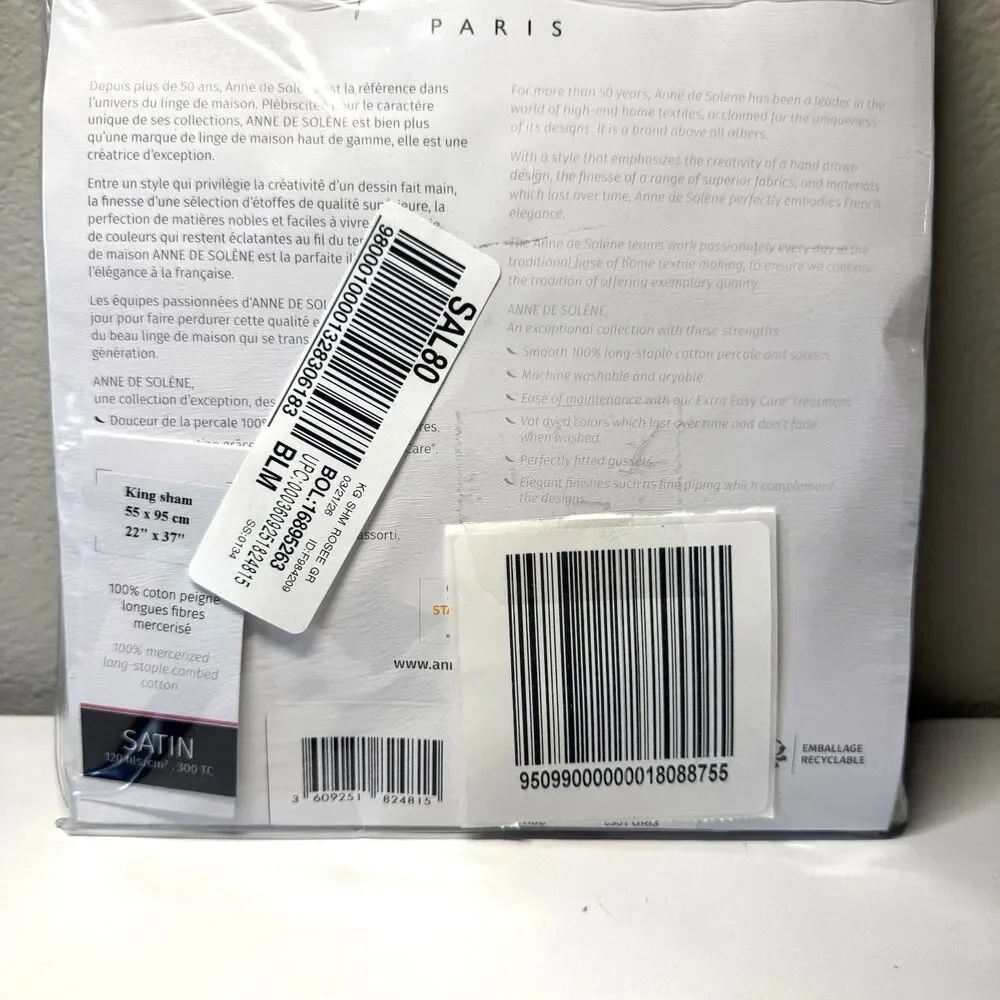 Anne de Solène Rosée Gris King Sham Luxury French Cotton Sateen Bedding